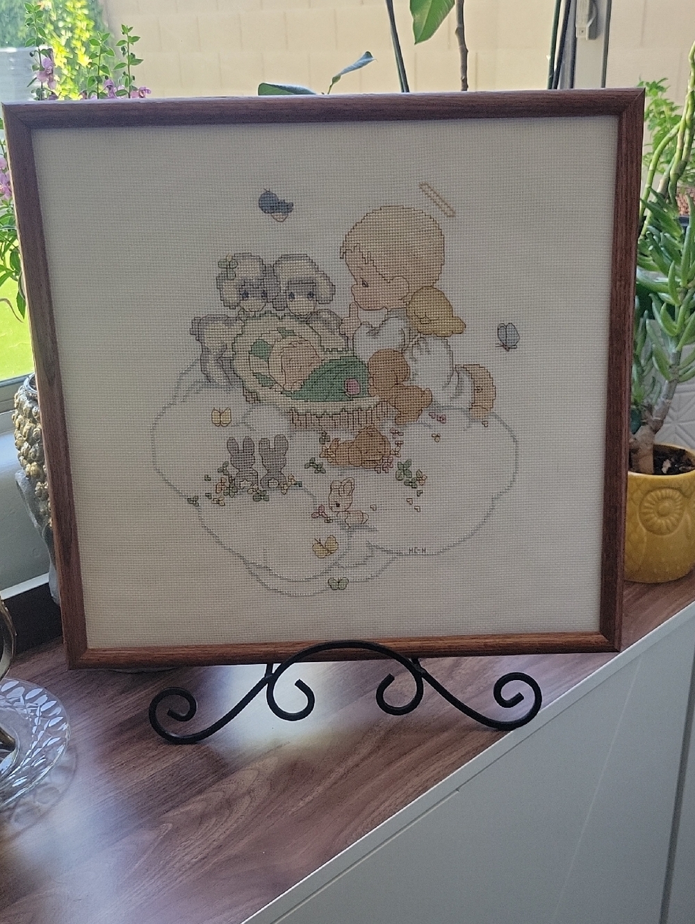 Framed Precious Moments "Babys Arrival" Cross-stitch Artwork 16"×15" Handmade
